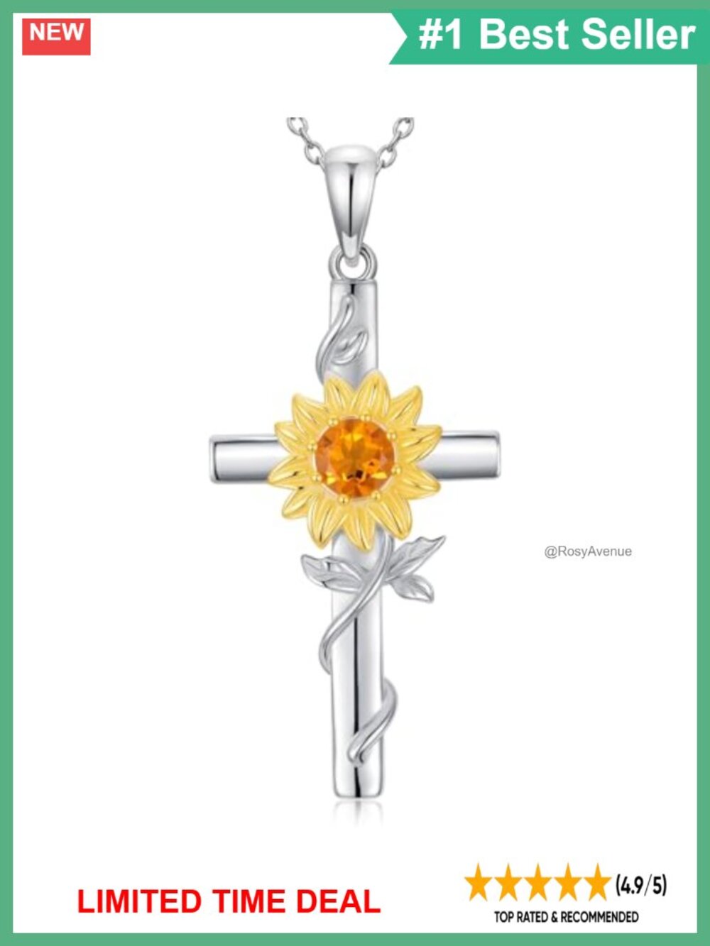 Sunflower Cross Necklace 925 Sterling Silver Natural Citrine Pendant